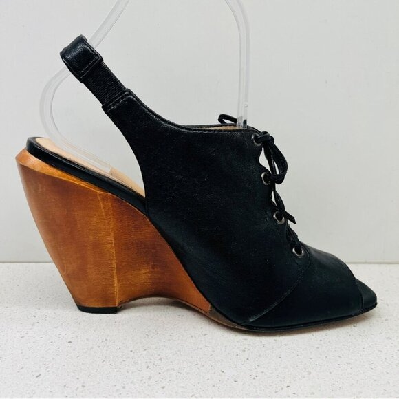 Boutique 9 Lace Up Heels Wood Block Wedge Black Leather Boho Peep Toe Sz 6.5  M - Picture 8 of 14